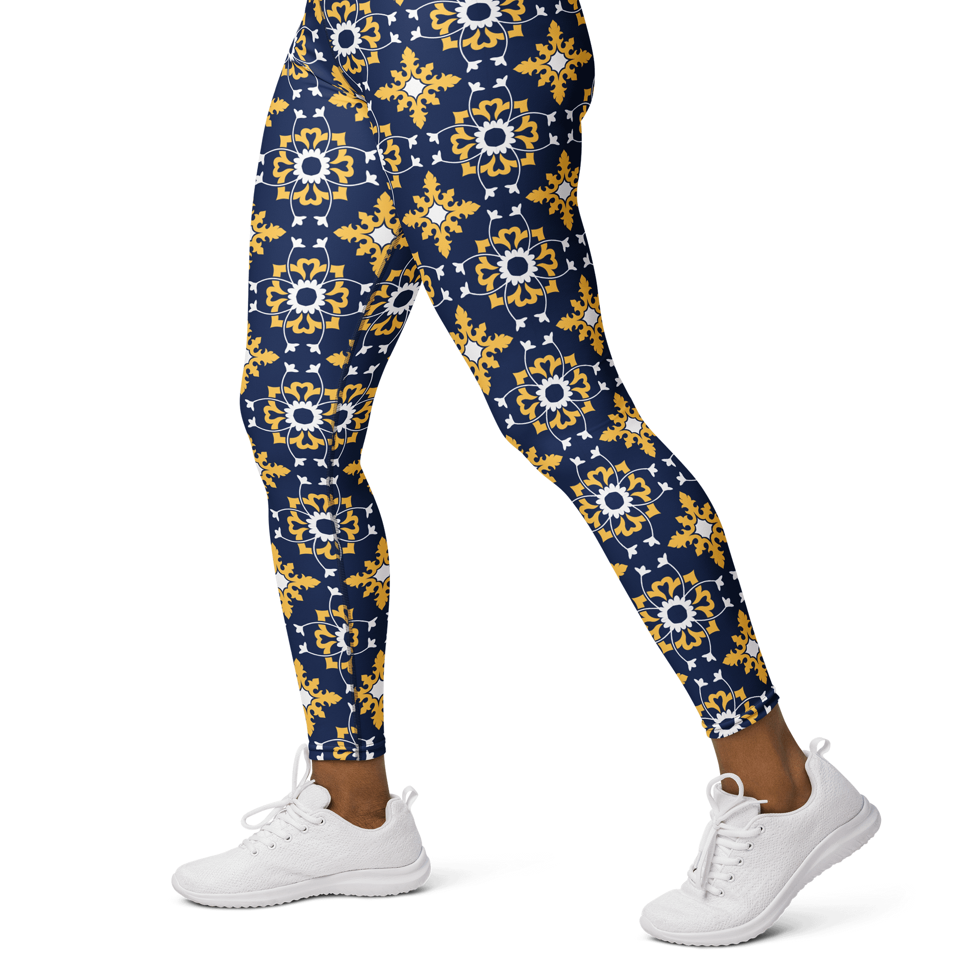 Bold Blue and Yellow Ornament Pattern High-Waist Leggings product image (3)