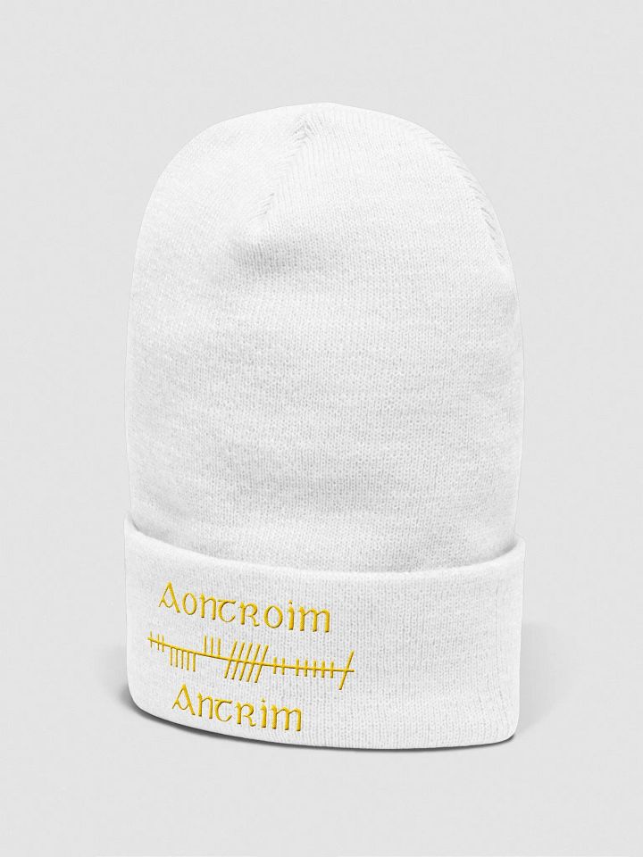 Antrim/Aontroim, Orthodox Style Ogham, white with saffron, embroidered Cuffed Beanie product image (2)