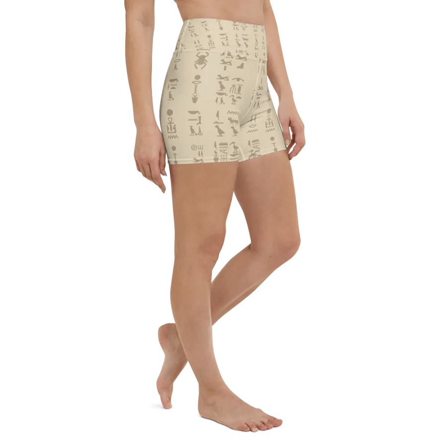 Isis Beige Hieroglyphs Detail All-Over Yoga Shorts product image (3)