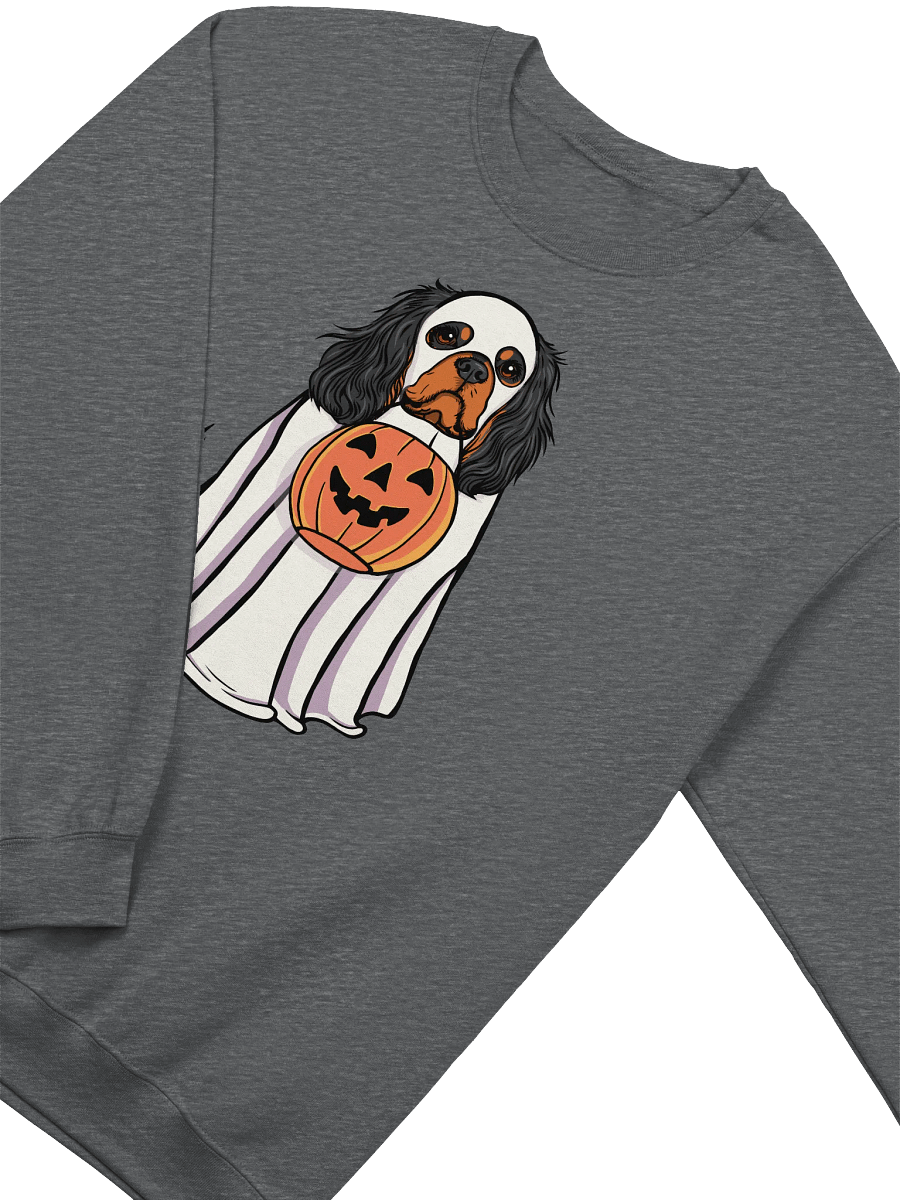Funny Halloween Cavalier King Charles Spaniel(Black & Tan) Sweatshirt | Funny Cavalier Wearing a Ghost Costume and Holding a Pumpkin Basket product image (4)
