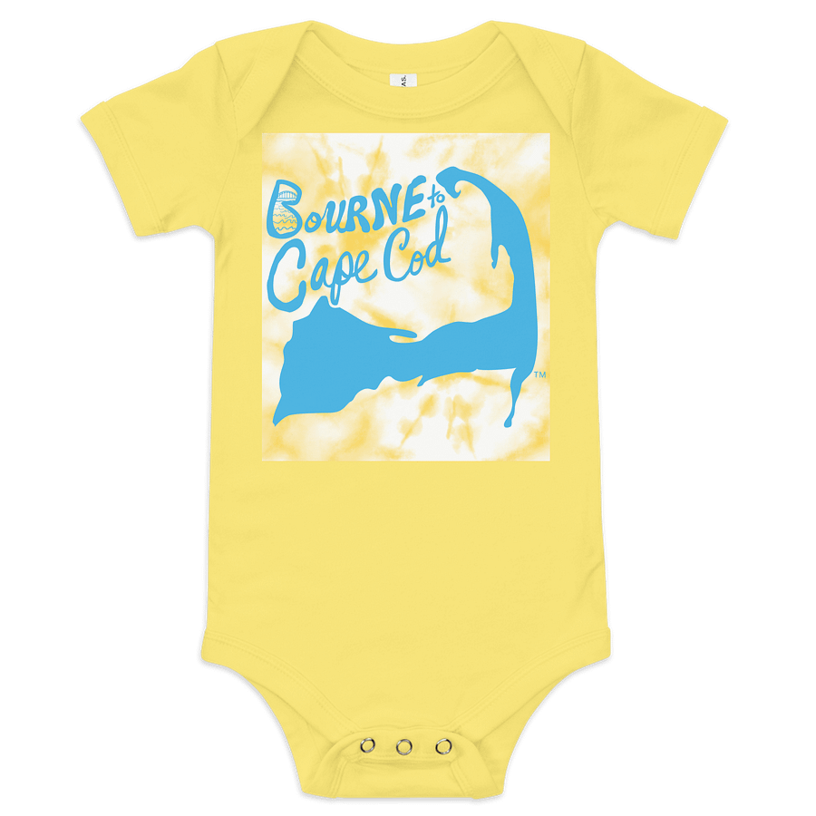 BOURNE to Cape Cod™ | Baby One-Piece with Snaps | BRN.2C.C.™ Logo Back | Ultra-Soft Cotton Bodysuit for Coastal Cuties | Deep Sky Blue Logos on Orange Tie-Dye Graphic product image (7)