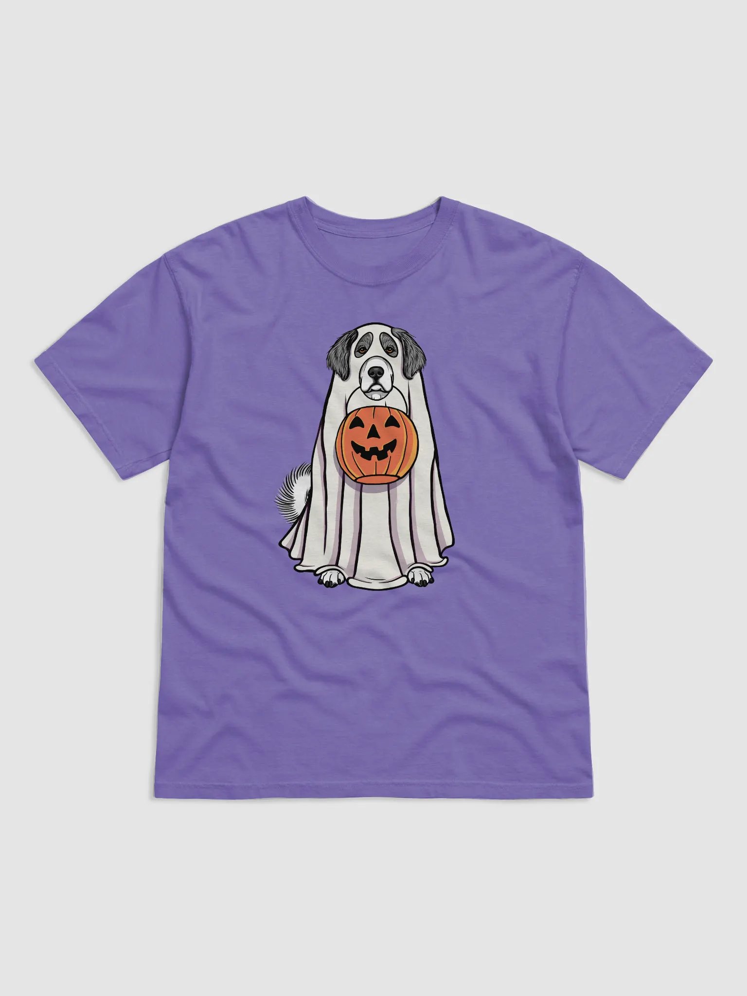 Funny Halloween Great Pyrenees(Gray) T-Shirt | Funny Pyr Wearing a Ghost Costume and Holding a Pumpkin Basket product image (27)
