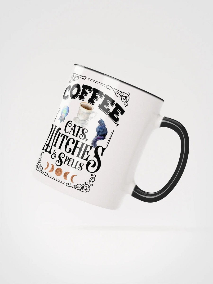 Coffee, Cats, Witches, and Spells WHITE WITH BLACK HANDLE MUG - Witchy, Kitchen Witch, Magic Kitchen Gift product image (3)