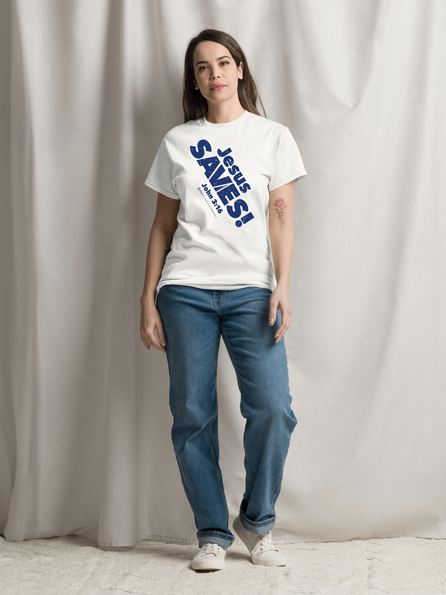 Jesus SAVES! Heavyweight Unisex Crewneck T-shirt | Gildan® 5000, Blue on White Shirt product image (3)