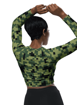 Military Green Camouflage Pixels Camo Pattern Long Sleeve Crop Top product image (3)