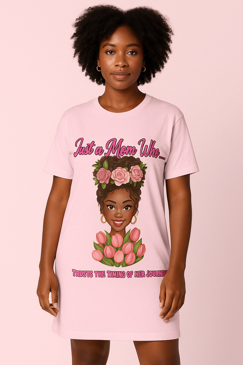 Just a Mom Who Graphic T-Shirt Dress – Floral Afro Mom Art – Mother's Day Gift – Oversized All-Over Print Dress (2XS–6XL) product image (1)