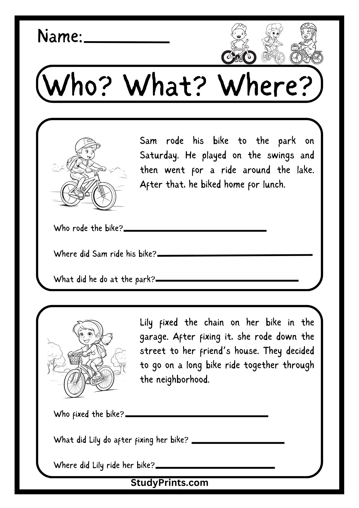 Who? What? Where? Bike -Themed Worksheet product image (1)