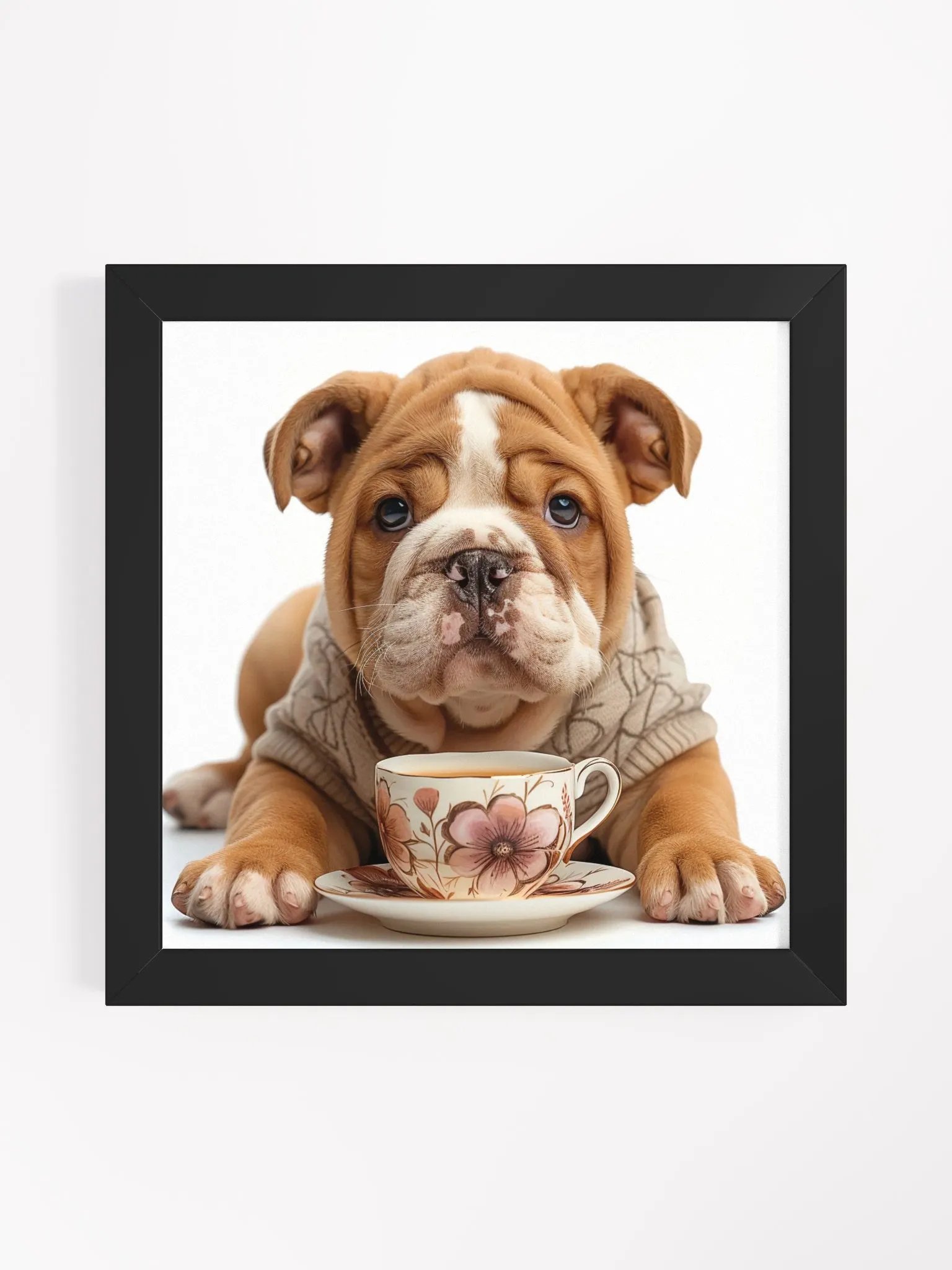 Cute Coffee Lover Bulldog Puppy Framed Wall Art product image (1)