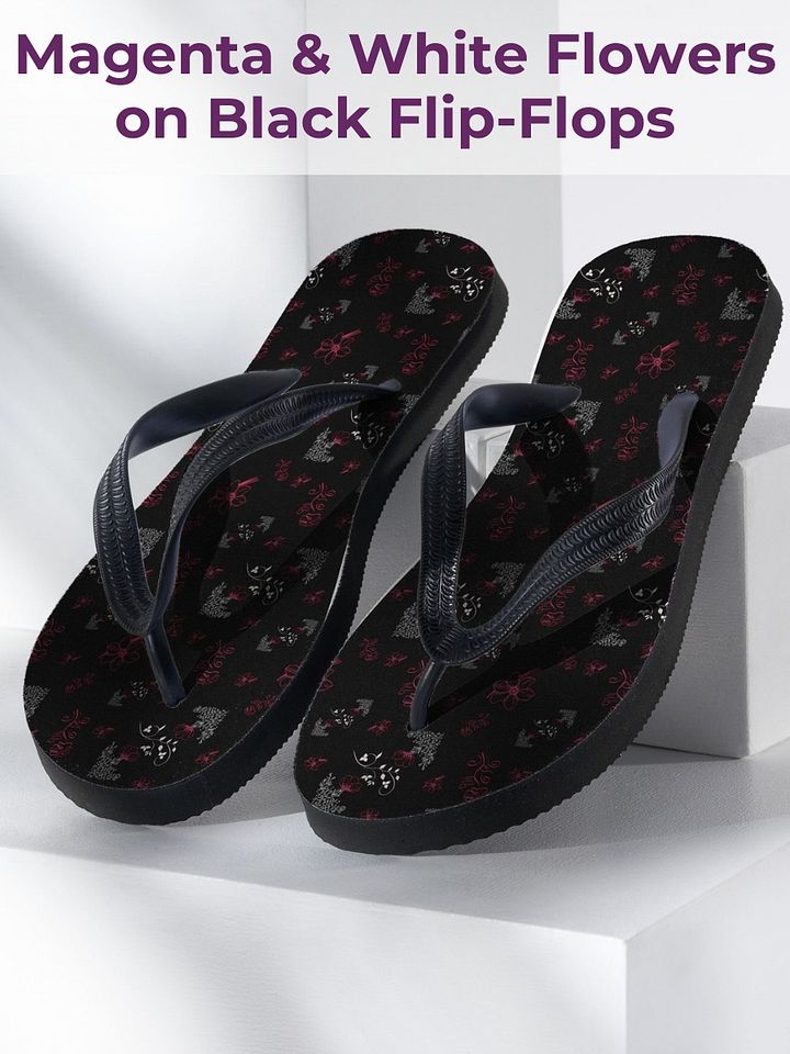 Magenta and White Flowers on Black Women's Flip-Flops product image (1)