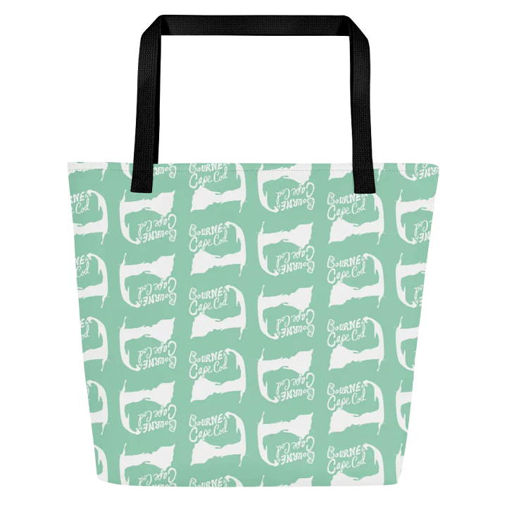 BOURNE to Cape Cod™ | Large Tote Bag with Pocket | Coastal Classic | All-Over Logo Print | White Logo Repeat on Vista Blue Green product image (2)