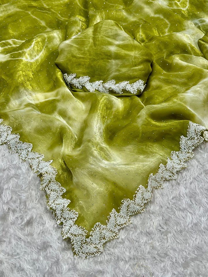 Primium Barbari sibori Jimmy Chu Silk fabric With Pure JARKAN moti Handcraft Lace Border And Diamond in Sareee product image (1)