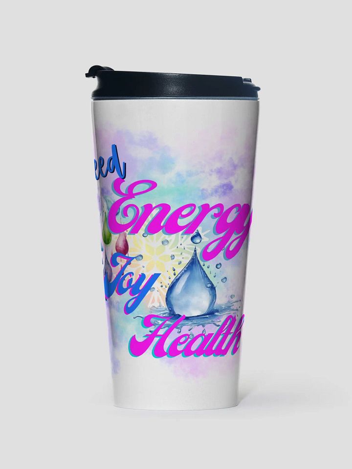 Travel mug with beautiful swirly blue water drop splash and drops design featuring ' Need  Energy Love Health