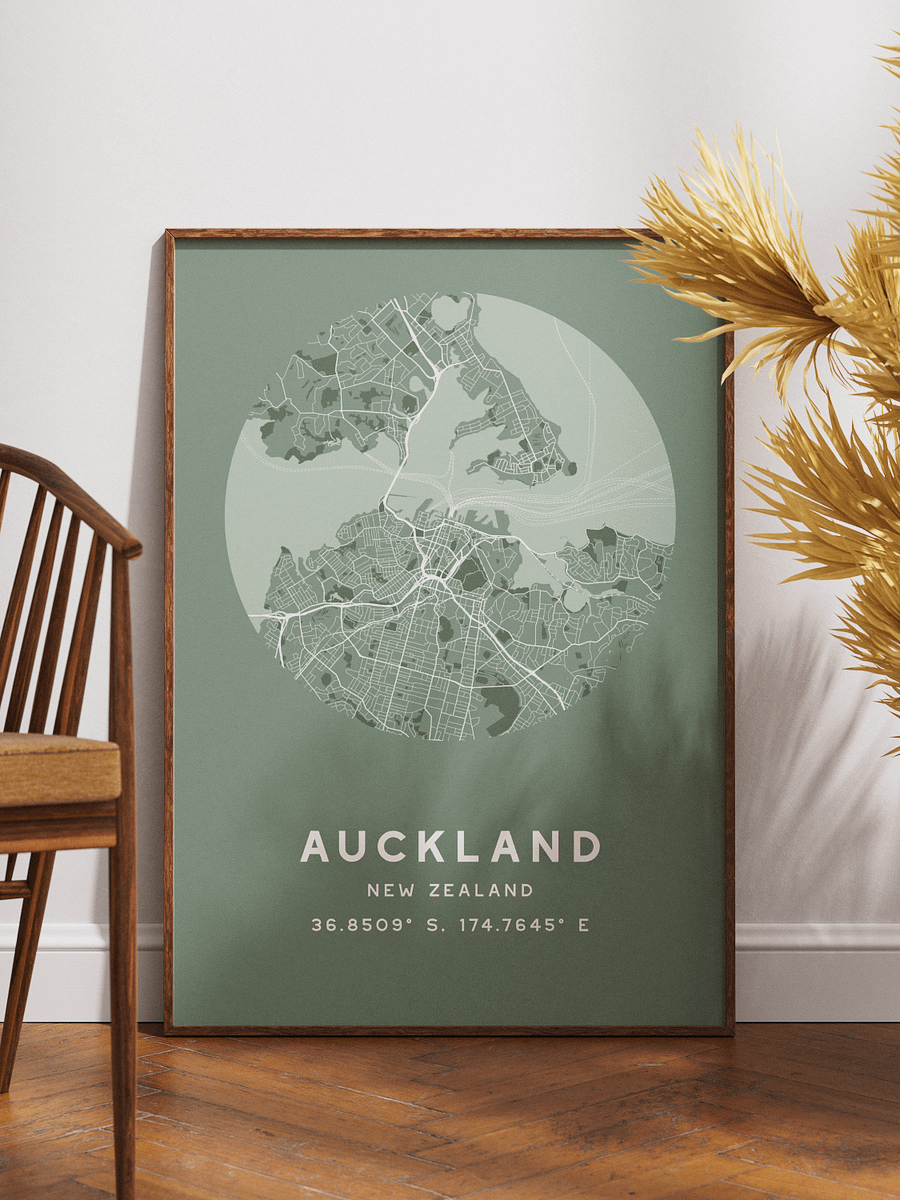 Auckland Street Map Poster – Sage Green Minimalist Circular City Art product image (1)