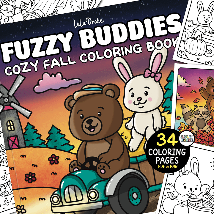 Fuzzy Buddies Cozy Fall Coloring eBook, BIG PACK 34 Pages | ★ DIGITAL ★ product image (1)