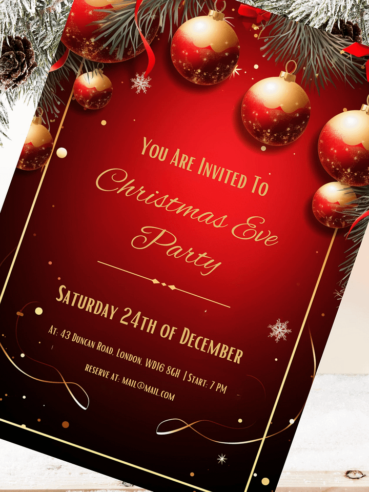 Vivid Red and Gold Christmas Party Invitation | Editable in Canva | Christmas Party Printable | Holiday Invitation Template | Link to Canva product image (2)