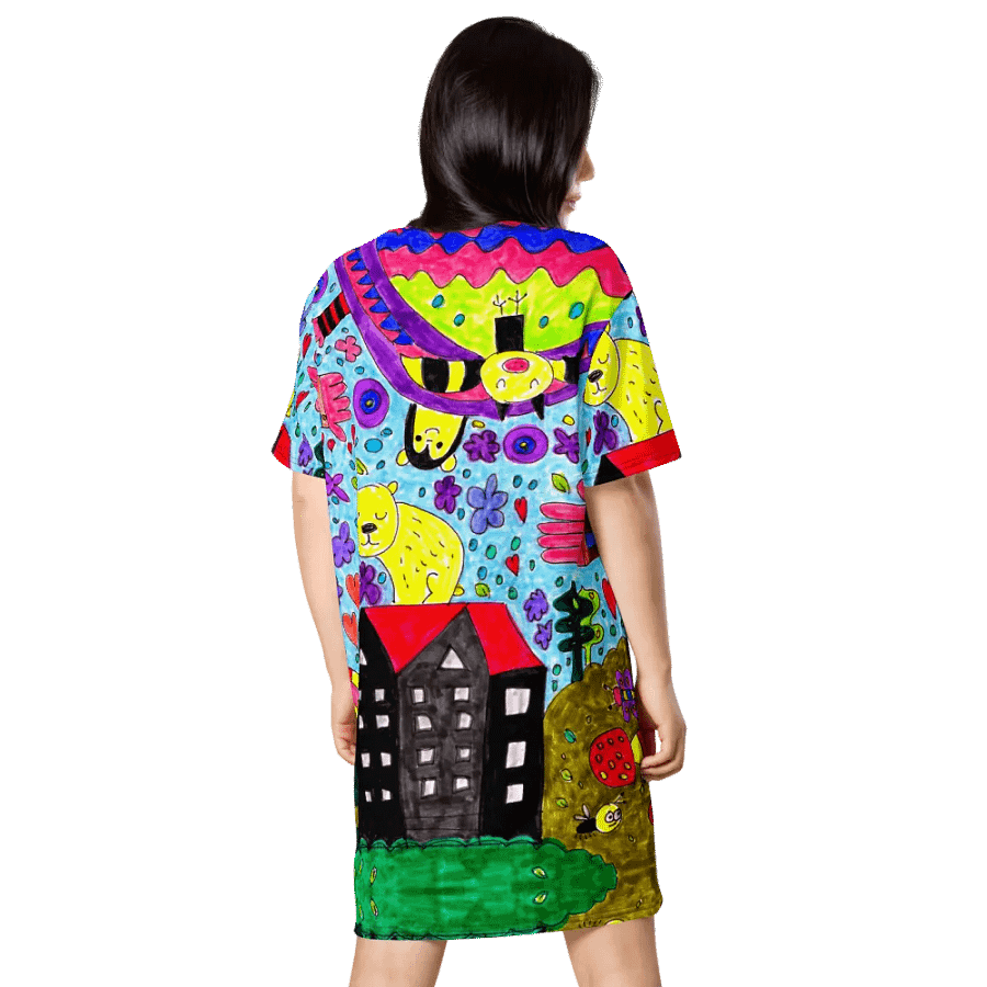 Abstract Vibrant Doodle Characters Ladies T Shirt Dress product image (3)