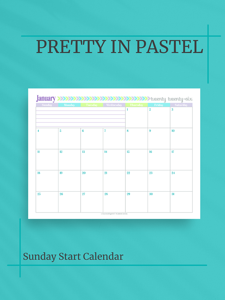 Pretty in Pastel 2026 Calendar - Single Page per Month, Sunday Start, Letter Size product image (1)