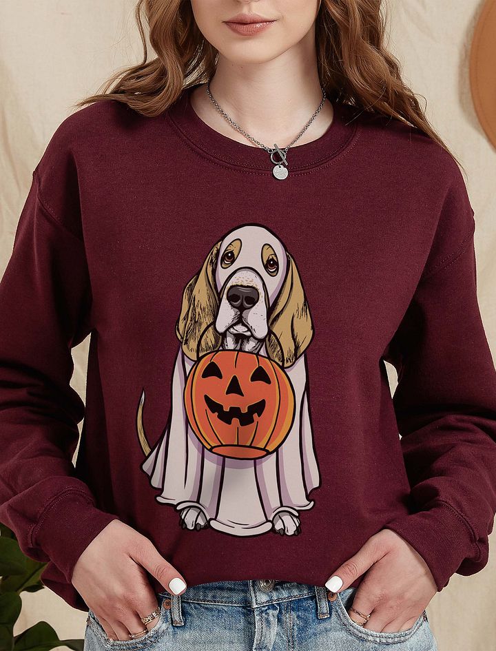 Funny Halloween Basset Hound(Lemon) Sweatshirt | Funny Basset Hound Wearing a Ghost Costume and Holding a Pumpkin Basket product image (10)