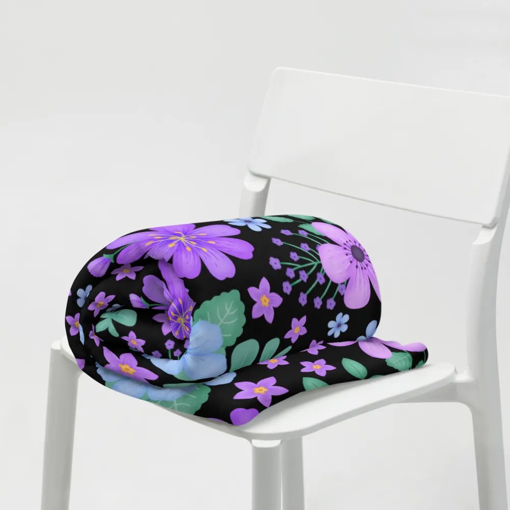 Vibrant Floral Blooms Blue Mauve Purple Blanket - Black product image (8)