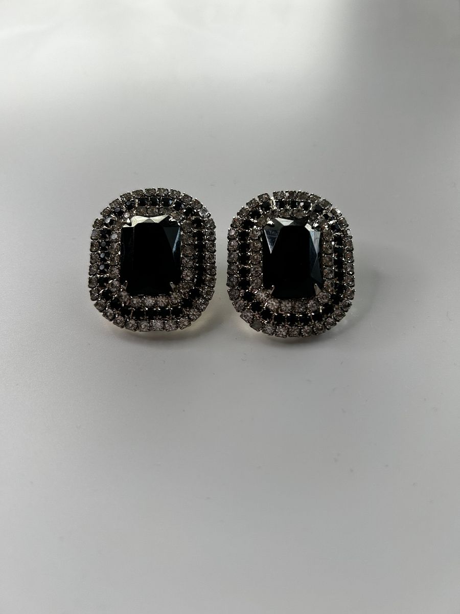 Vintage Silver Tone Crystal Black Clear Rhinestones Clip On Earrings product image (1)
