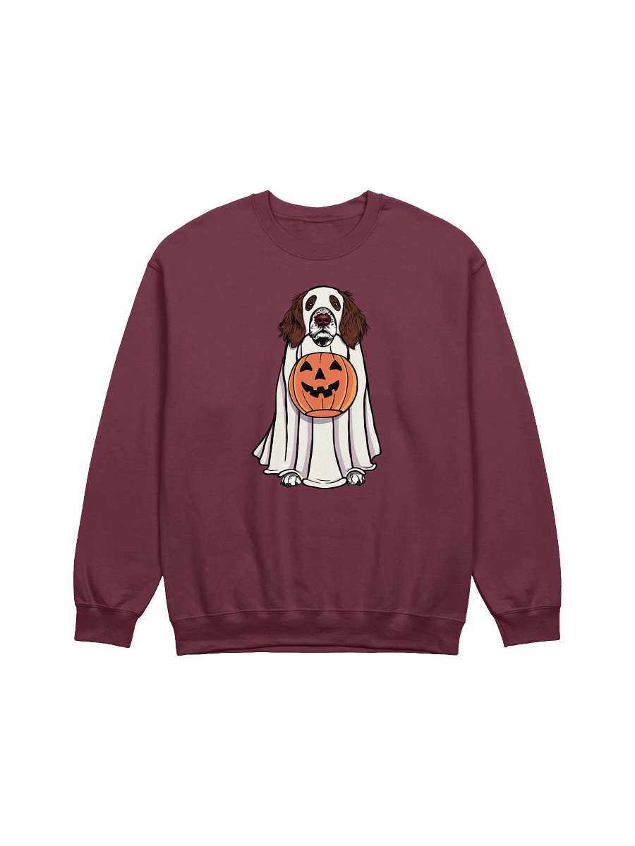 Funny Halloween Springer Spaniel Sweatshirt | Funny Springer Spaniel Wearing a Ghost Costume and Holding a Pumpkin Basket product image (12)