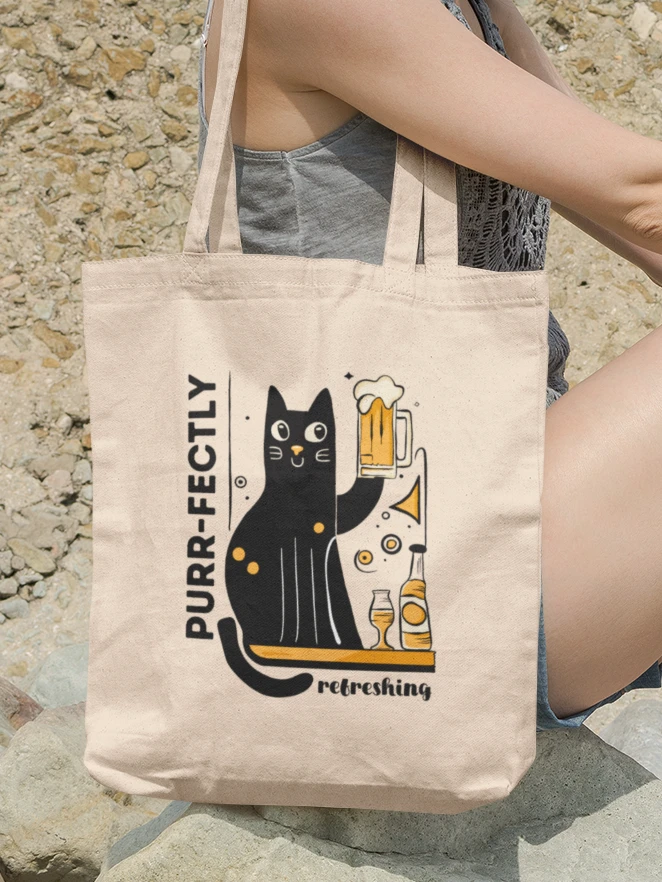 Purr-fectly Refreshing - Cat Holding a Beer, Hand-drawn Eco-Friendly Tote Bag product image (1)
