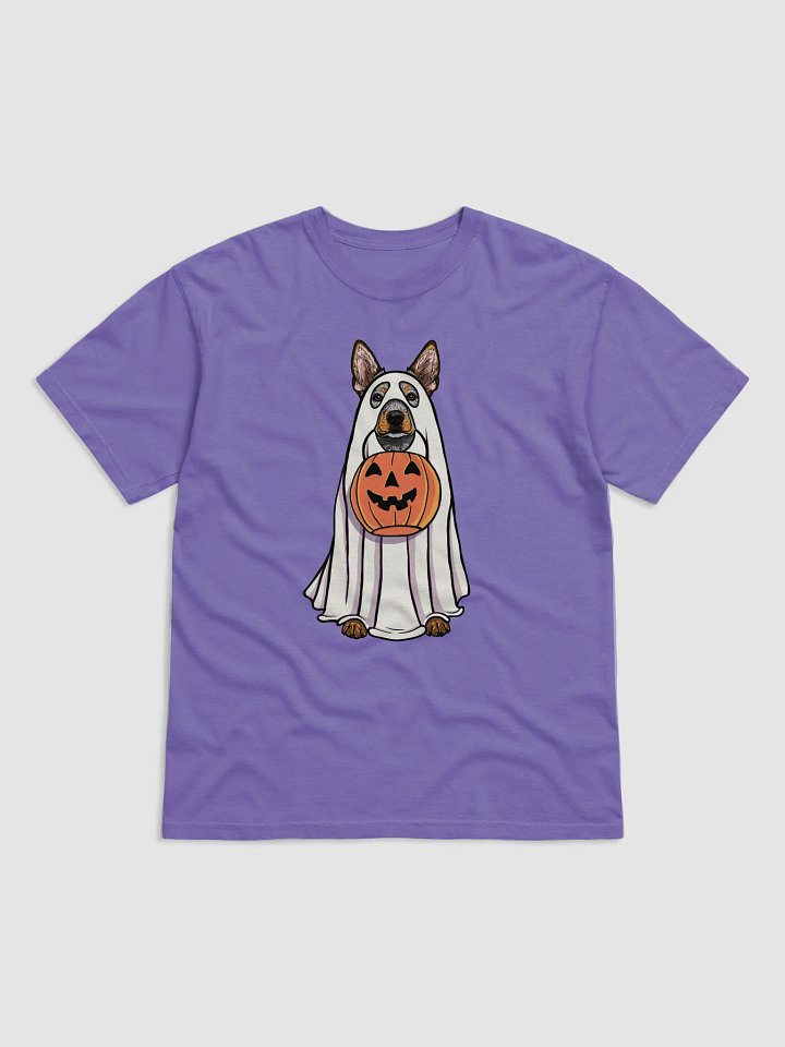 Funny Halloween Australian Cattle Dog T-Shirt | Funny Blue Heeler Wearing a Ghost Costume and Holding a Pumpkin Basket product image (1)