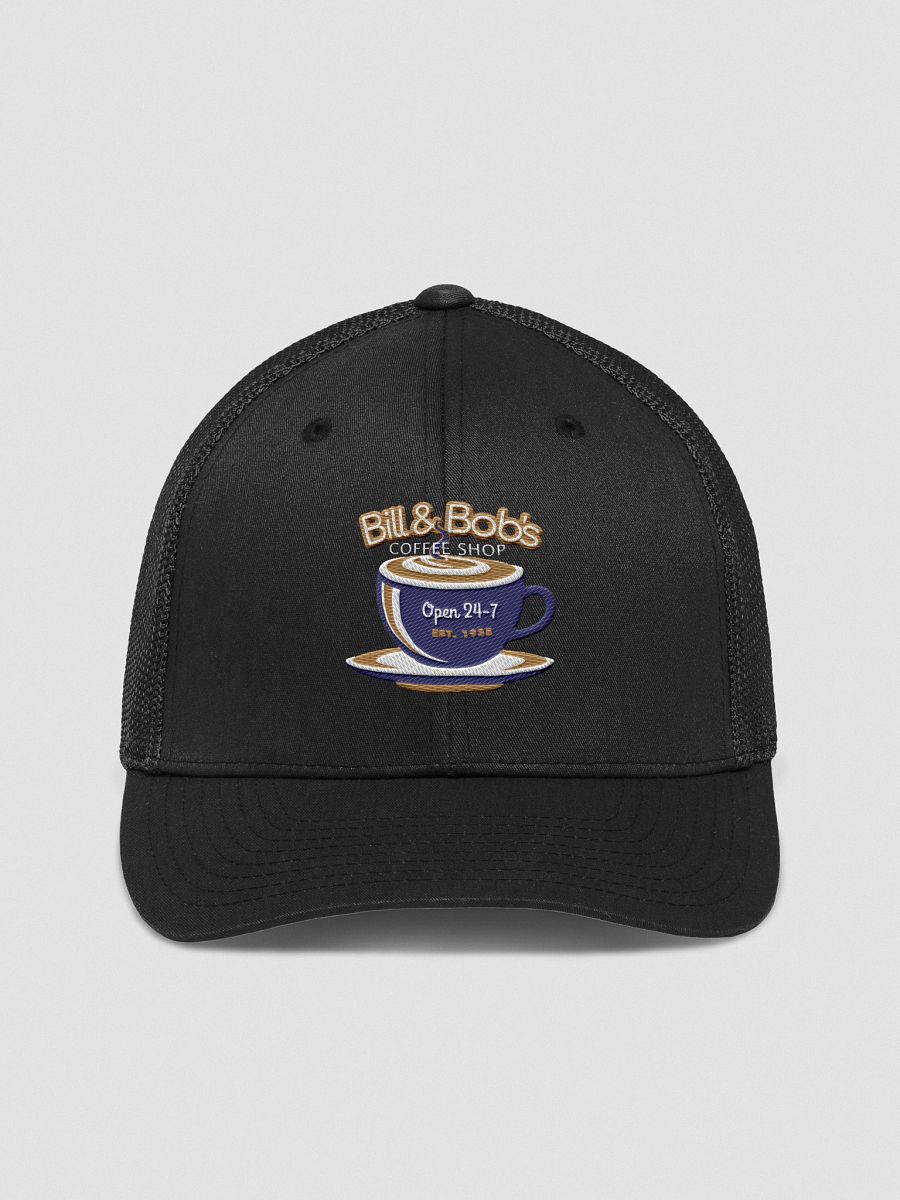 Bill & Bob's Coffee Shop Open 24/7 Trucker Hat, Navy Blue Color Accent product image (1)