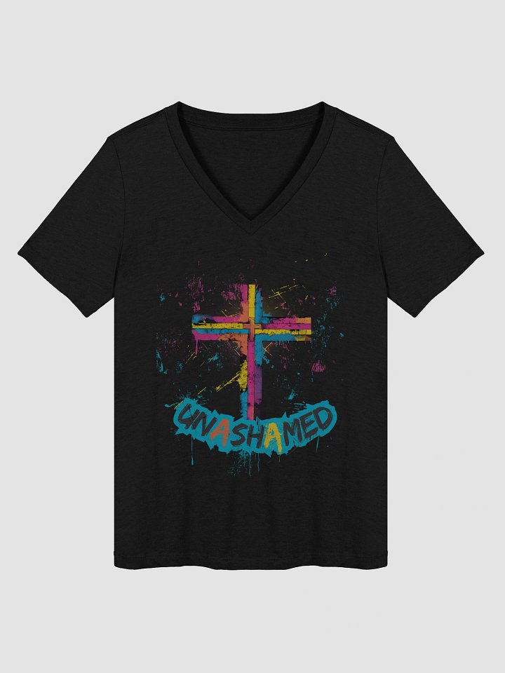 Unashamed Ro 1:16 Cross Women's V-Neck T-Shirt - Relaxed Bella + Canvas fit product image (3)
