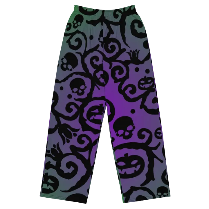 Purple & Green Scary Pumpkins Skull Unisex Wide-Leg Pants product image (2)