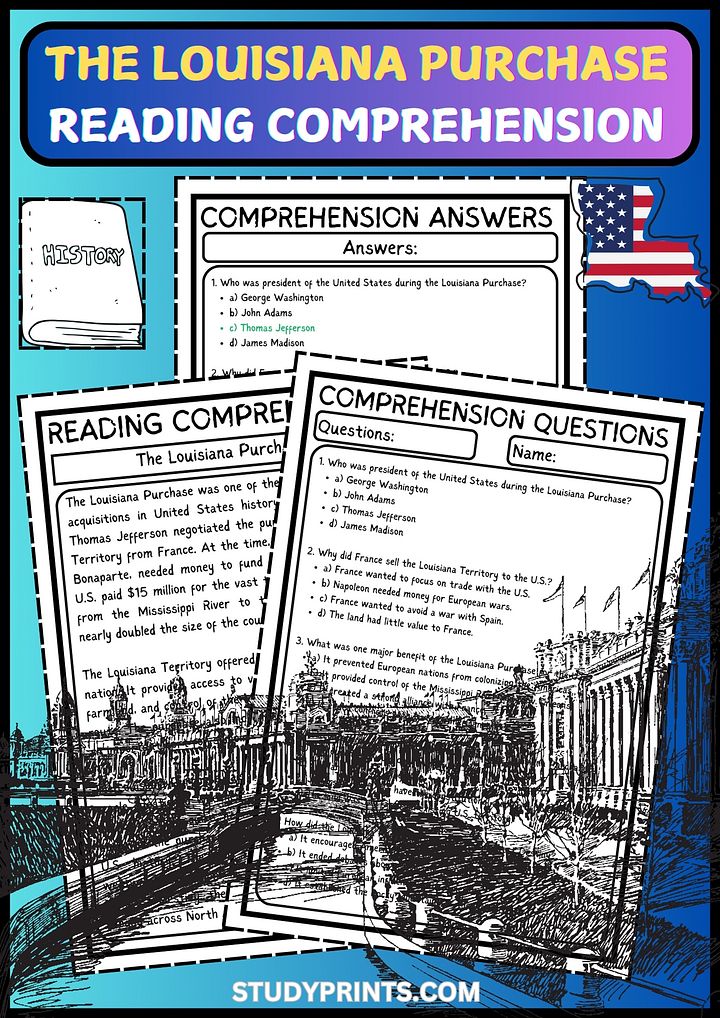 Louisiana Purchase Reading Comprehension WITH 5 QUESTIONS PDF Worksheet product image (1)