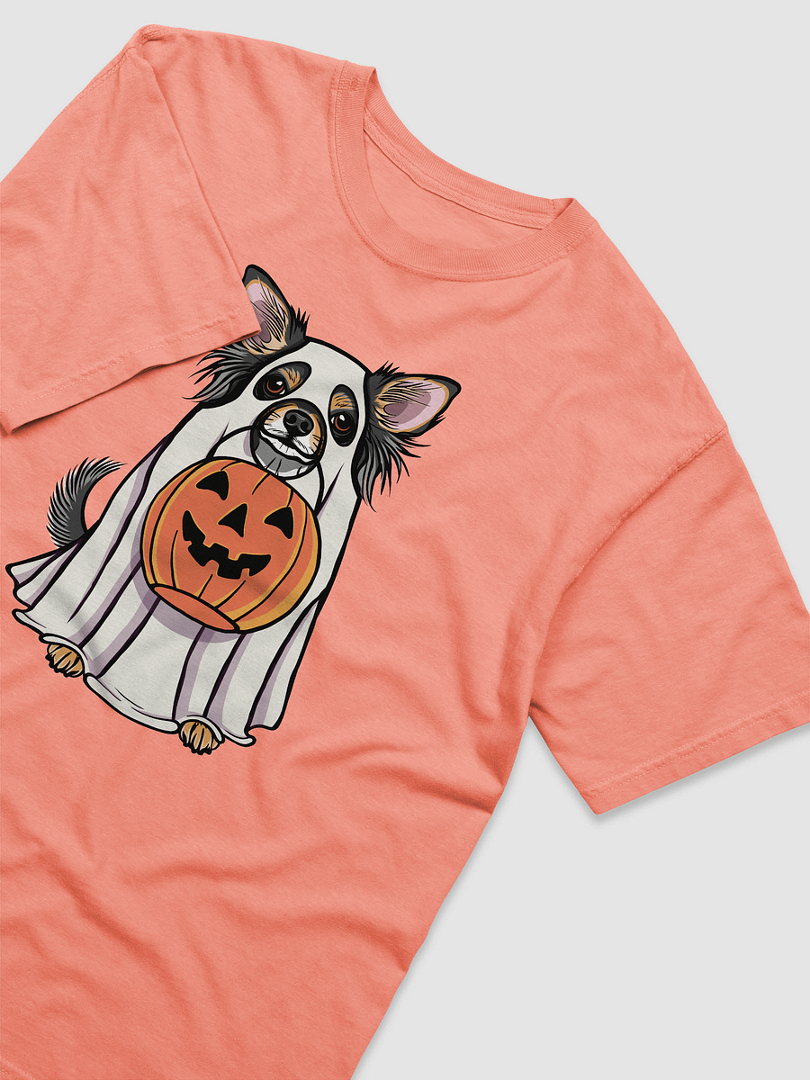 Funny Halloween Longhaired Chihuahua(Tricolor) T-Shirt | Funny Chihuahua Wearing a Ghost Costume and Holding a Pumpkin Basket product image (20)