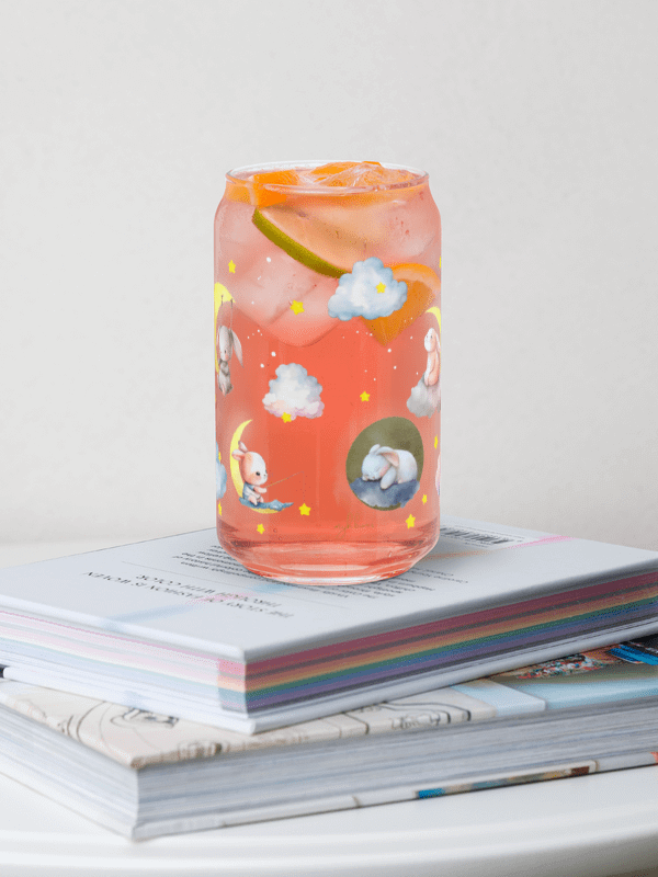 Bunny on the Moon Glass Sipper Can with Bamboo Lid & Straw – 16 oz | Whimsical Rabbit-Themed Can Glass | Cute Moon & Stars Design | Perfect for Iced Coffee, Smoothies, and More product image (8)
