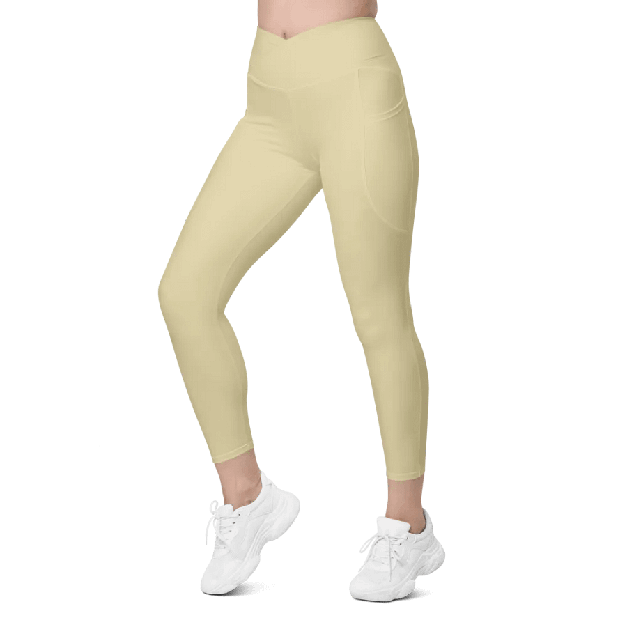 Plain Light Yellow Soft Summer Women's High Waisted Premium Crossover Leggings with Pockets by Treasure Pie product image (6)