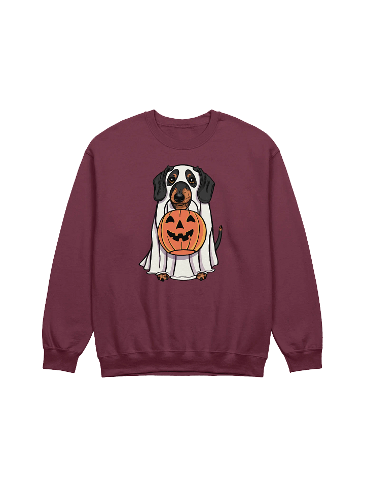Funny Halloween Dachshund Sweatshirt | Funny Doxie/Wiener Wearing a Ghost Costume and Holding a Pumpkin Basket product image (1)