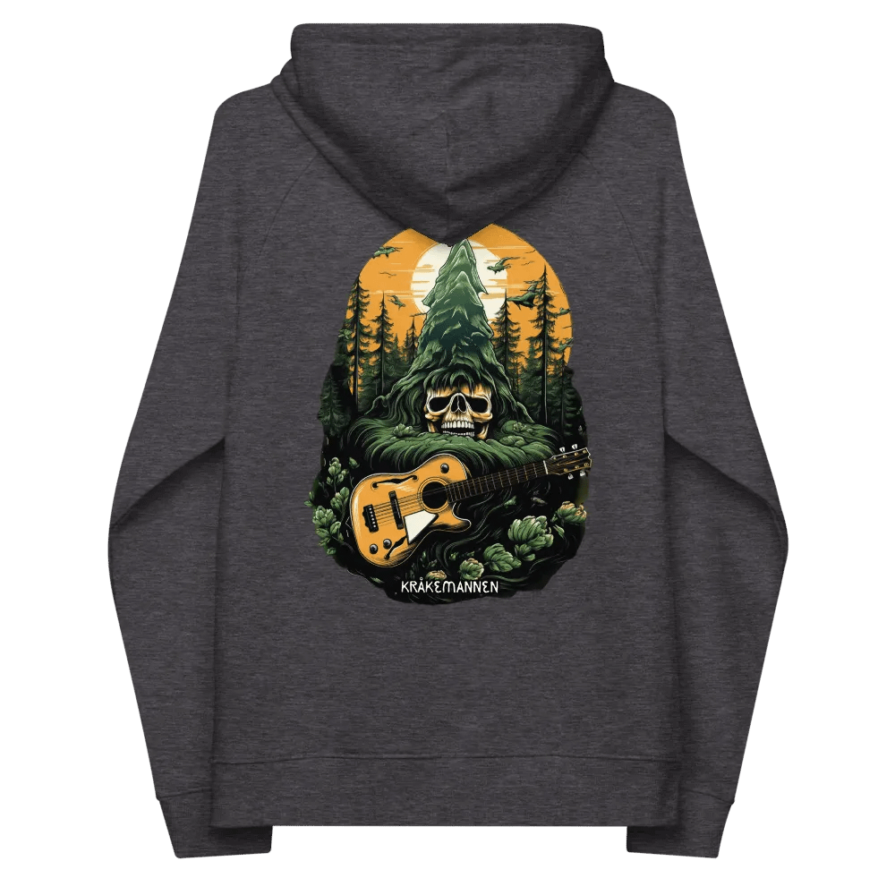 Unisex Eco Raglan Hoodie 🌲 Skeleton head with a guitar in a spruce forest product image (4)