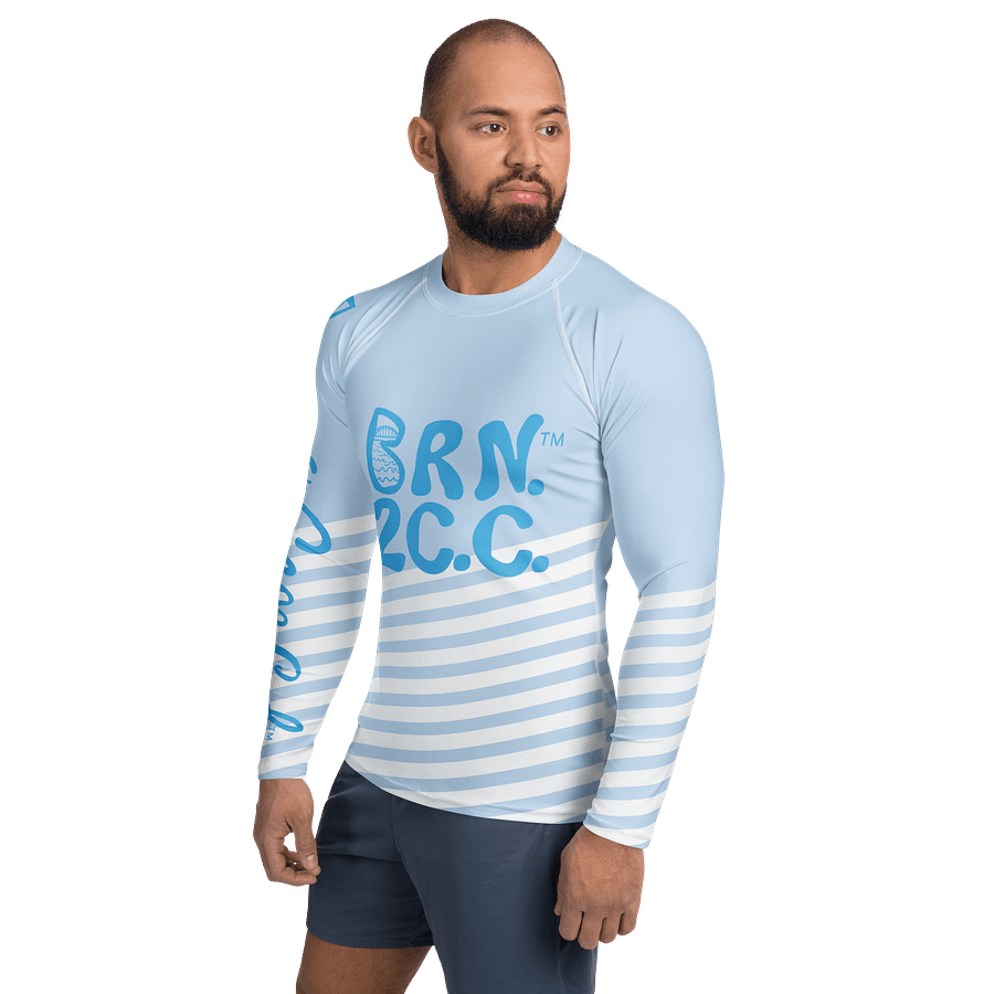BRN.2C.C.™ /BOURNE to Cape Cod™ | Men’s Long Sleeve Rash Guard | UPF 50+ Active Coastal Shirt | Sky Blue Logos on Skyline Stirpes product image (5)