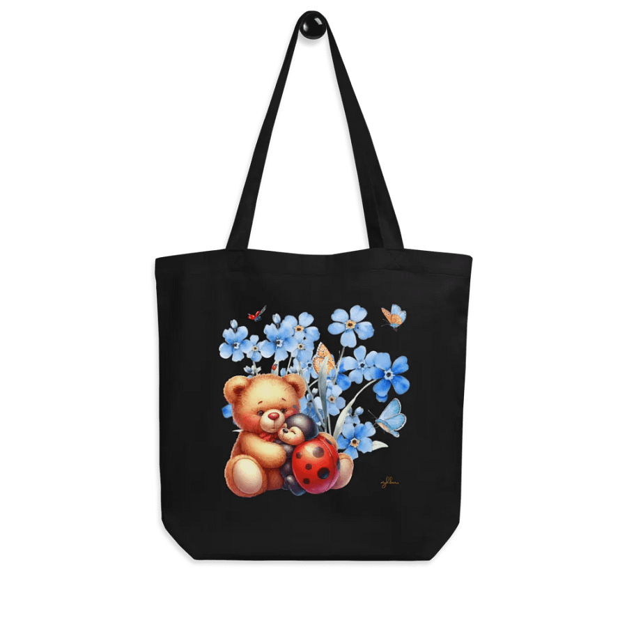 Forget-Me-Not Whispers Teddy Bear Tote Bag – Organic Cotton Twill, Floral Design with Teddy Bear & Ladybug, Eco-Friendly Bag product image (7)