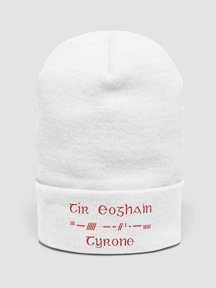 Tyrone/Tír Eoghain Scholastic style Ogham, white with red, embroidered Cuffed Beanie product image (1)