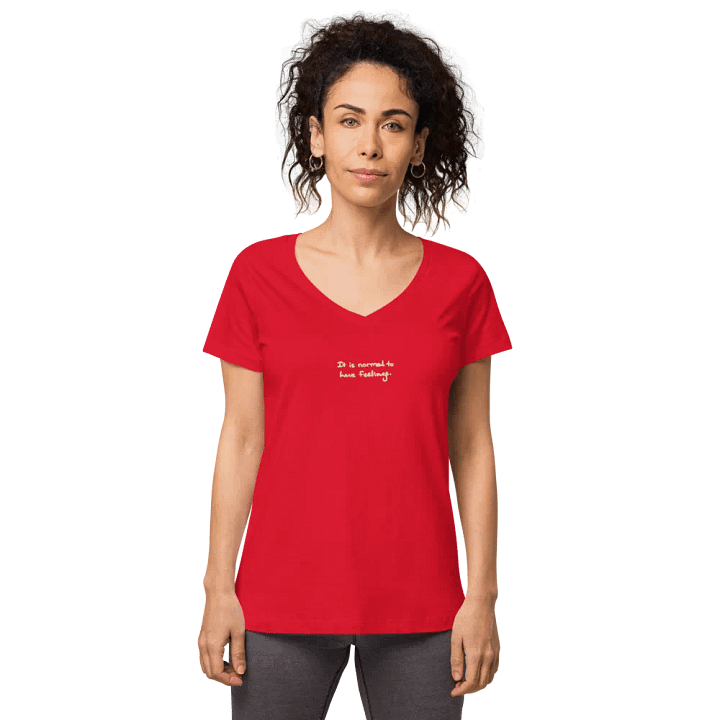 It is normal to have feelings. embroidered women's fitted v-neck tee (white design) product image (2)