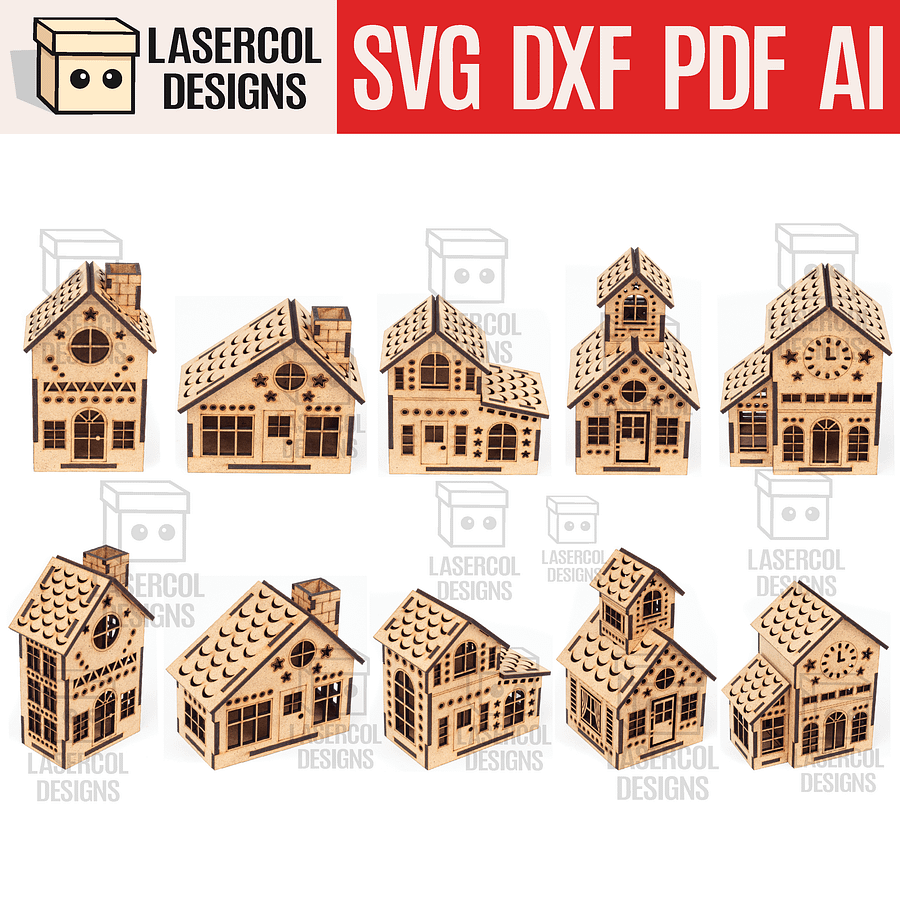 Christmas Houses Set 1 (5 Styles) - Laser Cut Files product image (1)