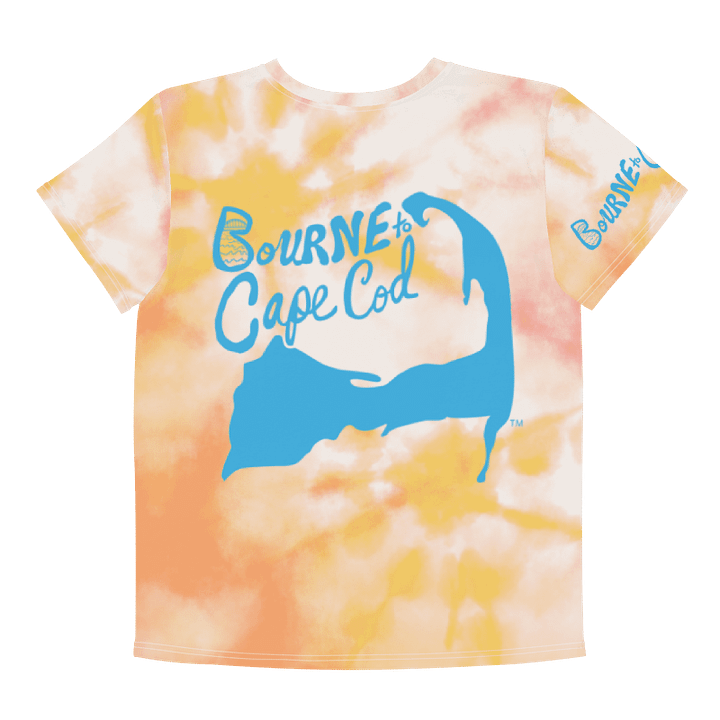 🦩YOUTH | Girls’ | BOURNE to Cape Cod™ | Logo Tee – All-Over Print | BRN.2C.C.™ | Coastal Cutie Vibes💖 | Blue Logo on Orange Tie-Dye product image (2)