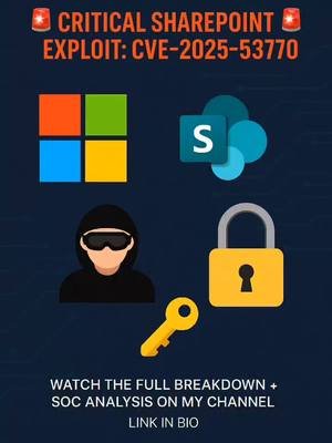 CVE-2025-53770 (ToolShell) is shaking the cybersecurity world. Attackers are exploiting this critical Microsoft SharePoint zero-day to launch ransomware and steal sensitive keys. In my latest video, I break down: ✅ How the exploit works ✅ Who is behind it ✅ How a SOC analyst can detect it using LetsDefend 👉 Full video in bio. Don’t miss it! #CyberSecurity #SOCAnalysis #ThreatHunting #IncidentResponse #BlueTeam     