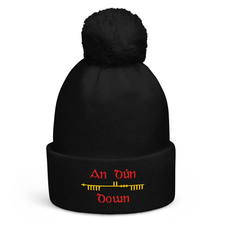 Down/An Dún, Scholastic style Ogham, Red and gold, embroidered Pom-Pom Beanie product image (1)