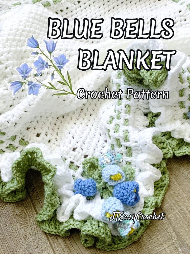 Blue Bells Flower Baby Girl Blanket Crochet Pattern, Infant Coming Home Blanket Floral Boho Throw Vintage Style product image (2)