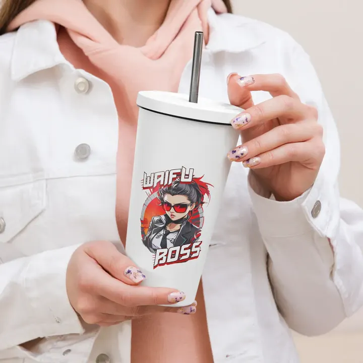 Waifu Boss 20 oz Tumbler Cup - White - Insulated Tumbler with a Straw v1 product image (2)