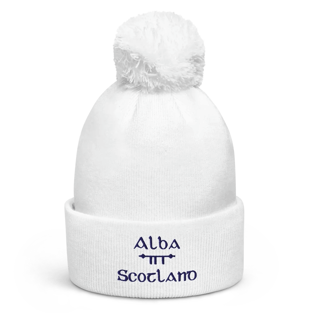 Scotland/Alba Scholastic style Ogham, white with navy, embroidered Pom-Pom Beanie product image (1)