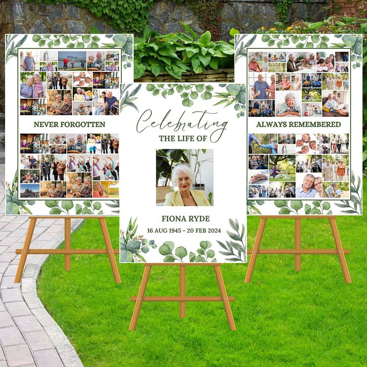 Green Leaves Funeral Photo Collage Sign Set Canva Template product image (2)