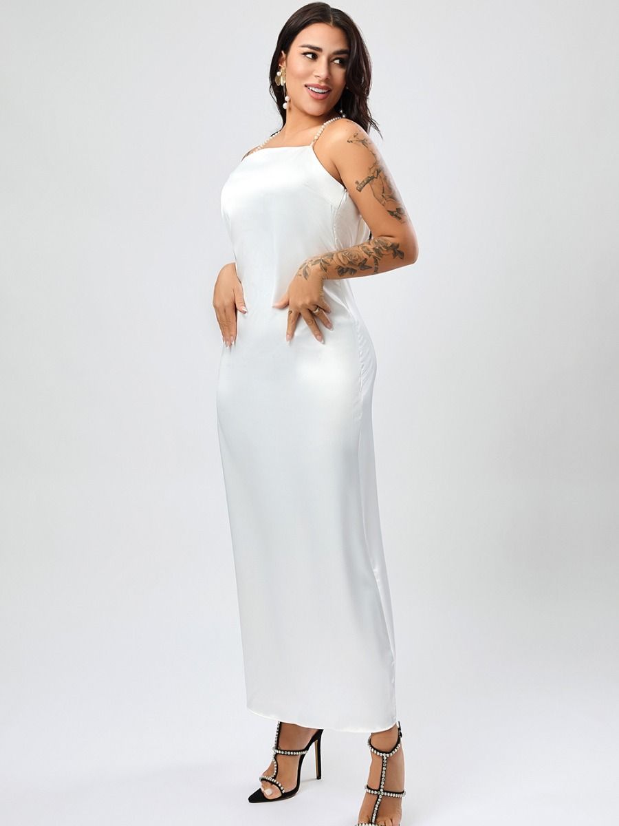 Wholesale non-stretch satin backless faux pear decor sling split maxi dress product image (4)