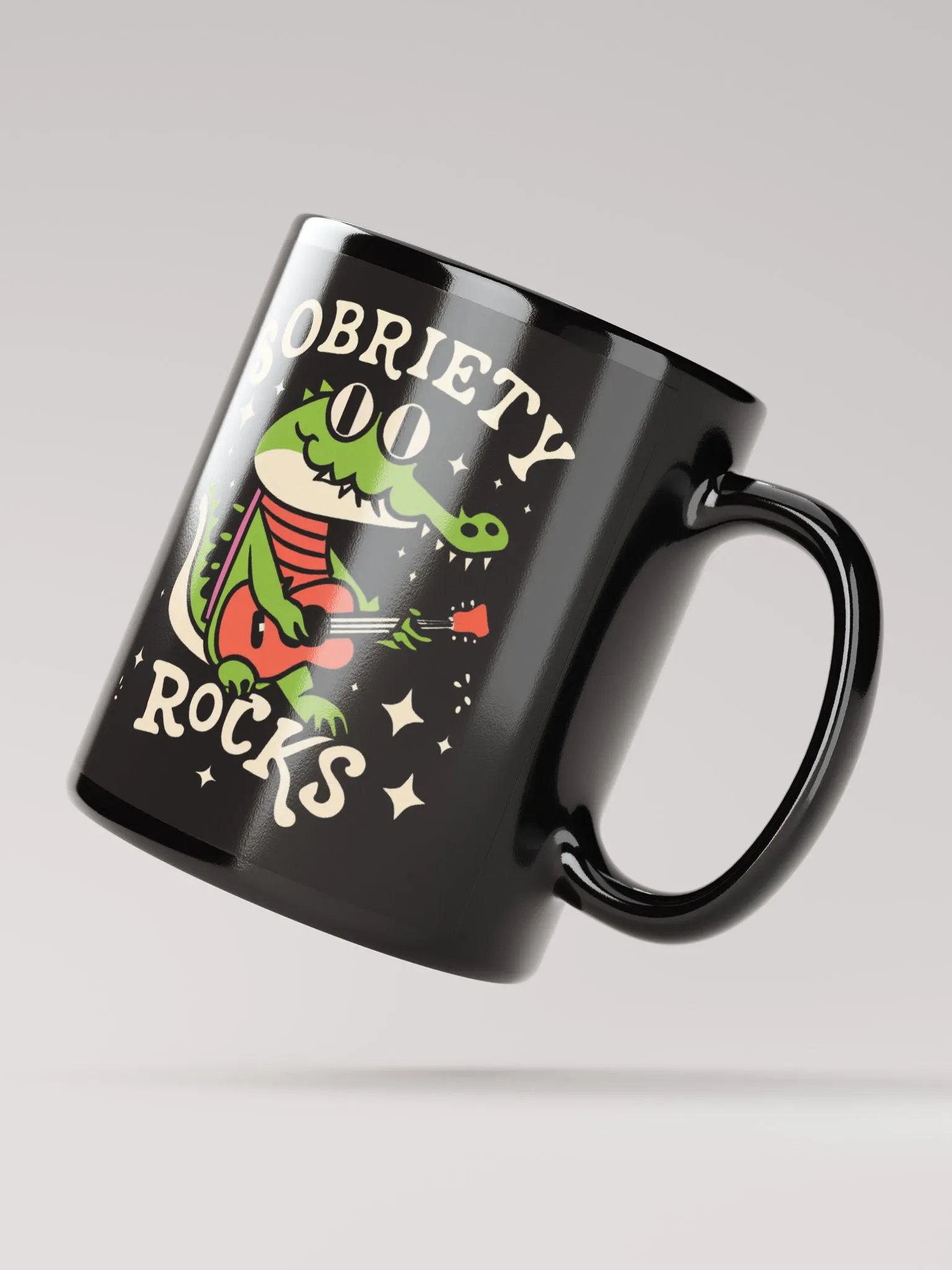 Sobriety Rocks Retro Crocodile Playing Guitar Black Mug product image (2)
